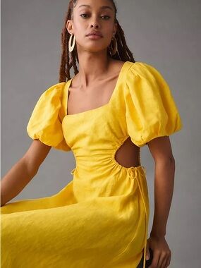 NWT FARM Rio Yellow Puff-Sleeve Cutout Midi Dress
